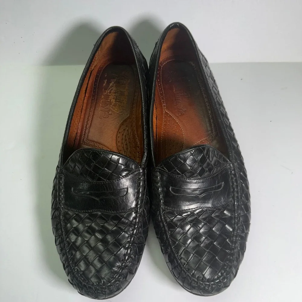 Allen Edmonds St. Lucia Loafers Mens 9.5 Black Woven Leather Penny Italy 48212